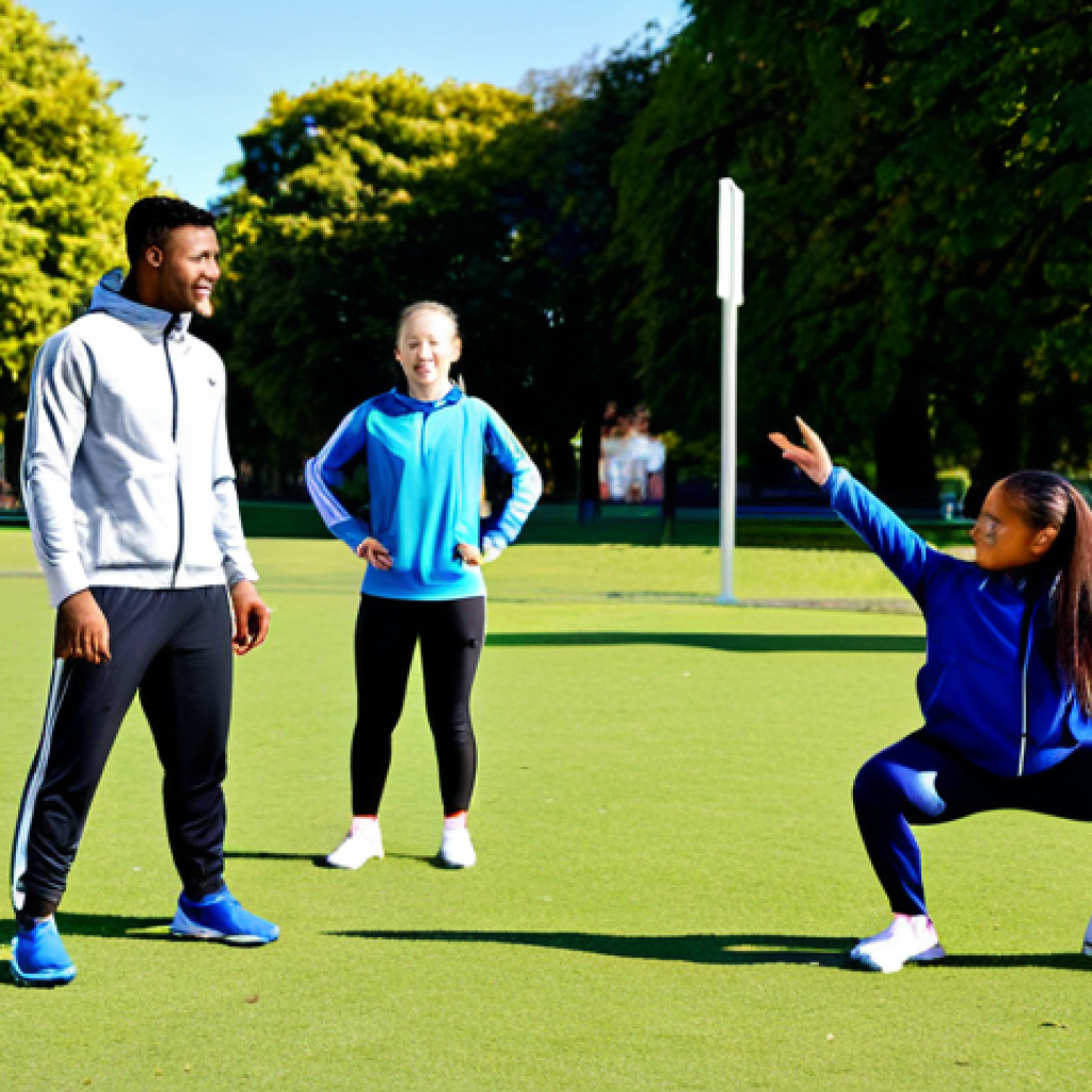 CAFYD Graduate Training Athletes**

"A fully clothed and smiling CAFYD graduate in athletic wear (tracksuit, training shoes) instructing a small group of diverse athletes in a park setting. The athletes are performing a warm-up exercise. The scene is bright and sunny. Focus on positive energy and teamwork. Perfect anatomy, correct proportions, well-formed hands. safe for work, appropriate content, professional, family-friendly, modest clothing, natural pose."

**