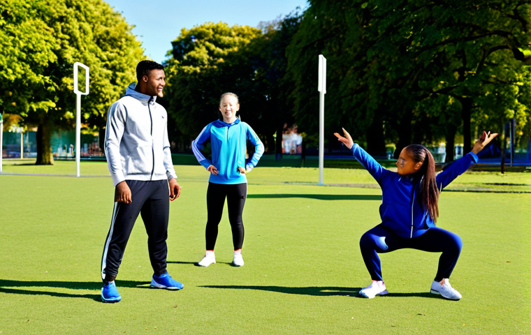 CAFYD Graduate Training Athletes**

"A fully clothed and smiling CAFYD graduate in athletic wear (tracksuit, training shoes) instructing a small group of diverse athletes in a park setting. The athletes are performing a warm-up exercise. The scene is bright and sunny. Focus on positive energy and teamwork. Perfect anatomy, correct proportions, well-formed hands. safe for work, appropriate content, professional, family-friendly, modest clothing, natural pose."

**