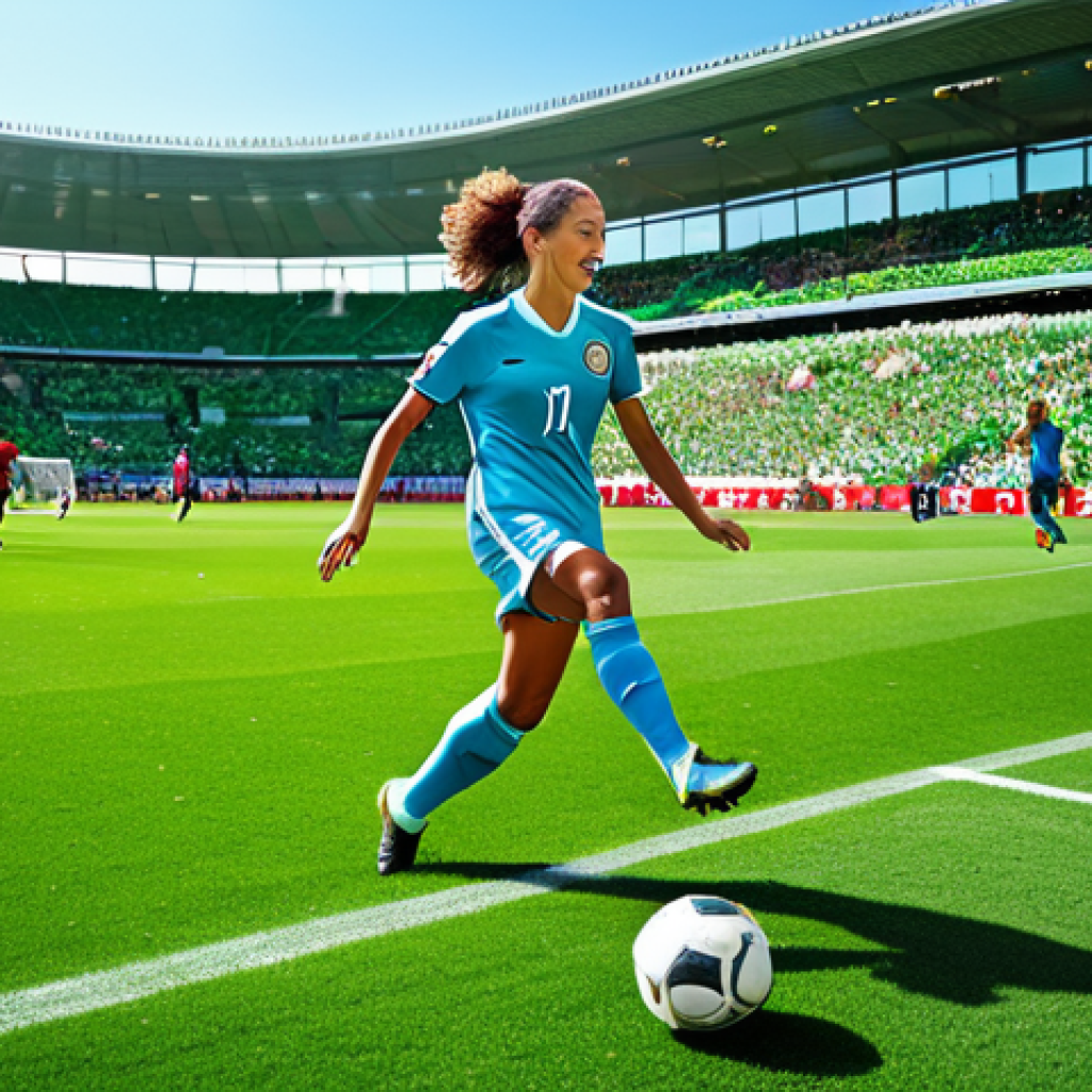 **

"A professional female soccer player, fully clothed in team uniform, kicking a soccer ball on a lush green field during a sunny day, stadium in the background filled with cheering fans, appropriate content, safe for work, perfect anatomy, natural proportions, dynamic action shot, professional sports photography, family-friendly."

**