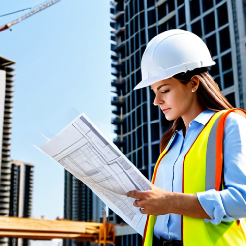 Home 23 **
"A professional female architect in a stylish, fully clothed business casual outfit, reviewing blueprints on a construction site with a modern high-rise building in the background, hard hat present, safe for work, perfect anatomy, correct proportions, natural pose, professional photography, appropriate content, modest attire, family-friendly, well-formed hands, proper finger count, natural body proportions, high quality."
**