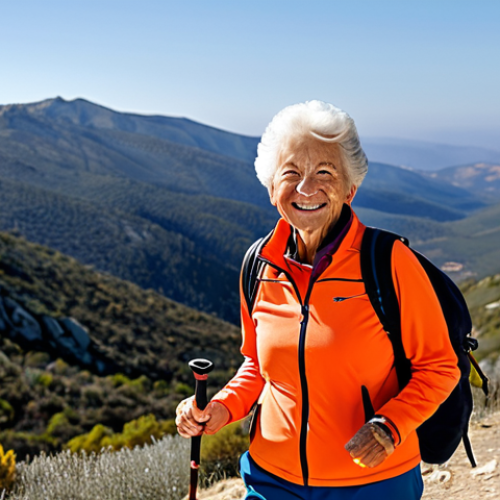 Home 22 Active Senior**
"A vibrant and active senior woman, *fully clothed* in comfortable sportswear, smiling while hiking in the Sierra de Guadarrama mountains near Madrid. She's using walking sticks. Background shows beautiful mountain scenery. *Safe for work*, *appropriate content*, *fully clothed*, *professional*. *Perfect anatomy*, *correct proportions*, *natural pose*, *well-formed hands*, *proper finger count*, *natural body proportions*, high resolution, realistic style, Spanish landscape."
**