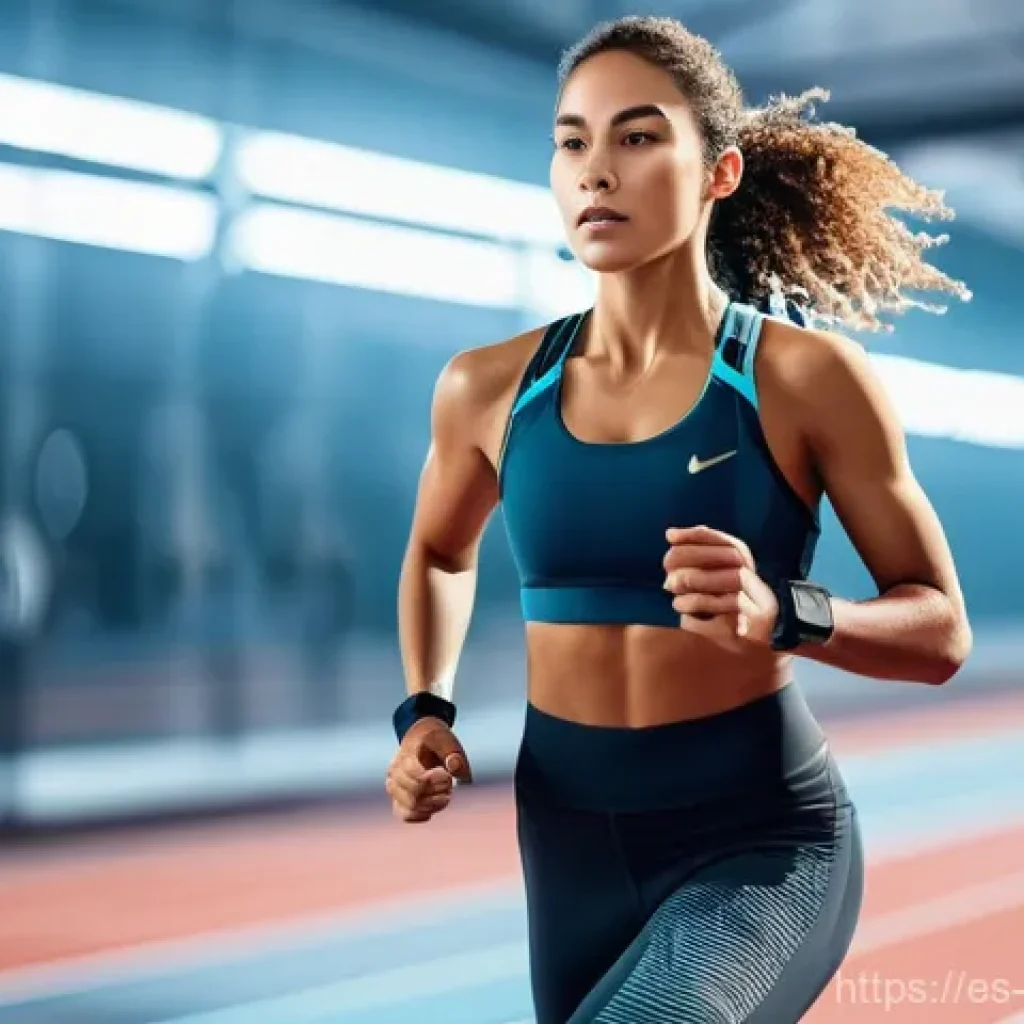 스포츠 과학과 기술 - **Prompt:** "A dynamic and energetic full-body shot of a female athlete in her late 20s, mid-run on ...