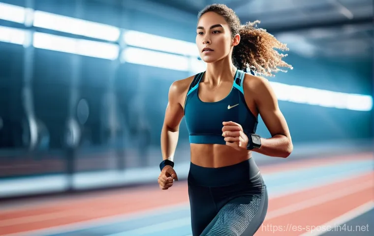 스포츠 과학과 기술 - **Prompt:** "A dynamic and energetic full-body shot of a female athlete in her late 20s, mid-run on ...