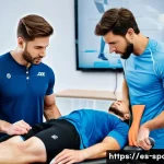 스포츠 메디컬 - A professional sports rehabilitation clinic scene showing a diverse group of athletes engaged in var...