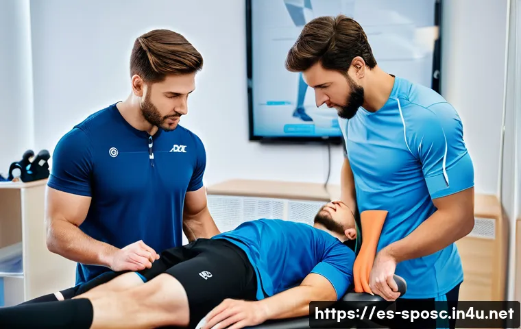 스포츠 메디컬 - A professional sports rehabilitation clinic scene showing a diverse group of athletes engaged in var...