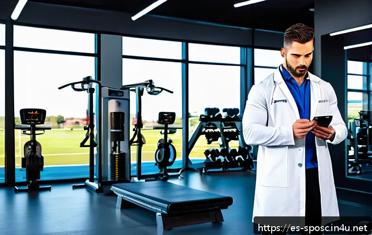 스포츠 과학 자격증 취득 - A professional male sports scientist conducting a strength and conditioning assessment in a modern g...