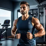운동 공학 - A modern fitness enthusiast wearing smart athletic clothing and a smartwatch, exercising indoors wit...