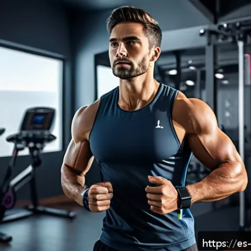 운동 공학 - A modern fitness enthusiast wearing smart athletic clothing and a smartwatch, exercising indoors wit...