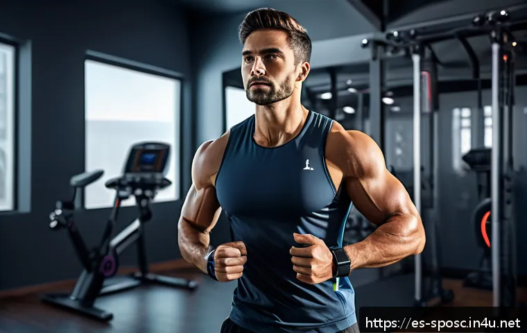 운동 공학 - A modern fitness enthusiast wearing smart athletic clothing and a smartwatch, exercising indoors wit...